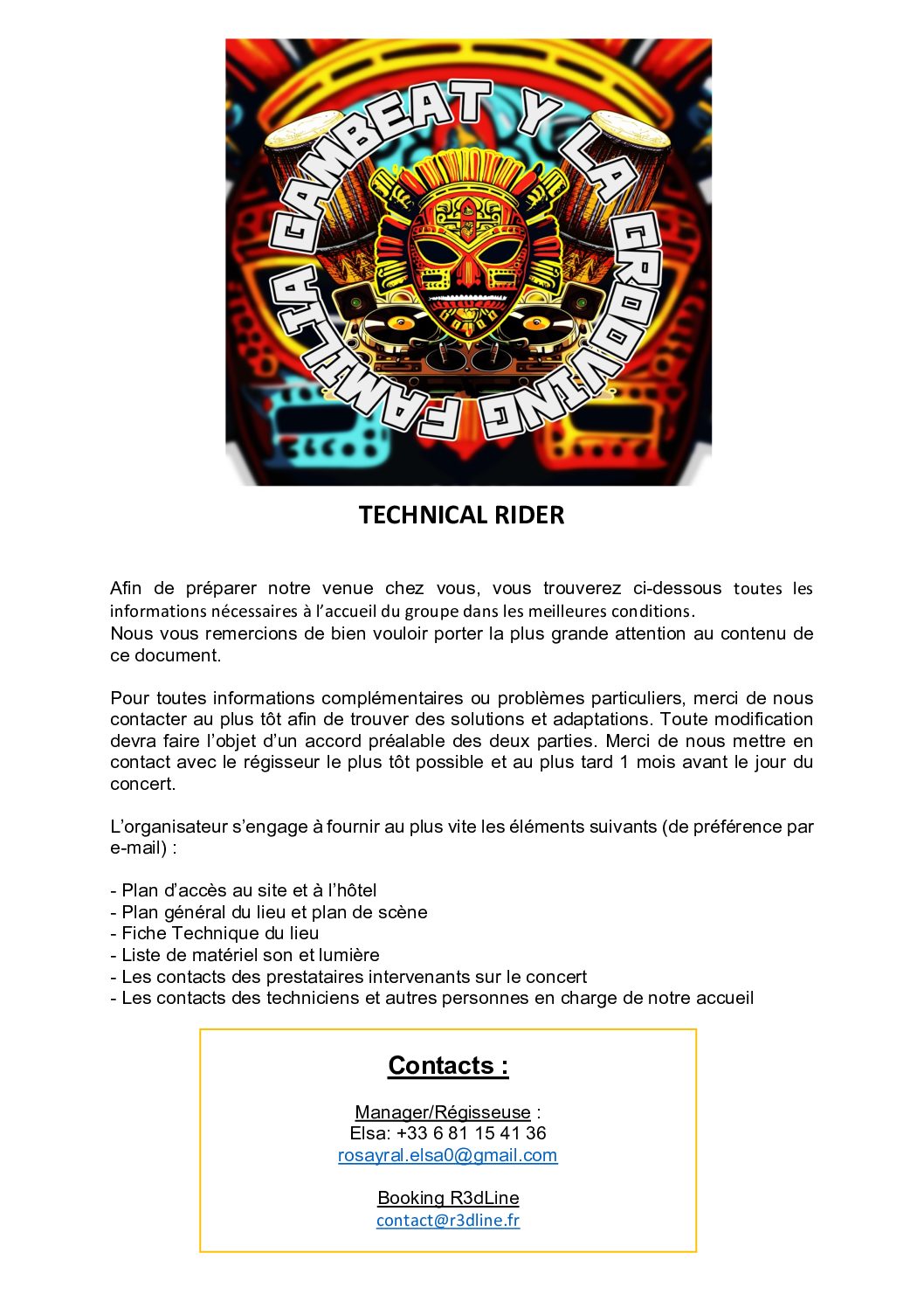 Rider + Fiche technique Gambeat Y la Grooving Familia tour 2024-2025