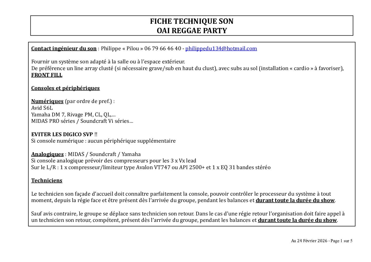 OAI REGGAE PARTY fiche tech SON 2026