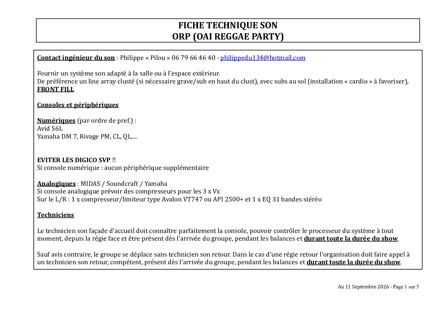 ORP (OAI REGGAE PARTY) fiche tech SON 2026